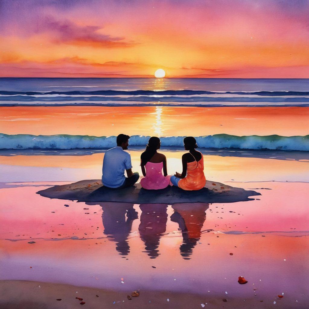 A serene shoreline at sunset, where gentle waves caress the sand, blending with warm hues of orange and pink. Silhouettes of a couple sitting close, immersed in a book, surrounded by scattered seashells and handmade Bengali crafts, hinting at their deep connection. Floating lanterns in the sky add a touch of magic, evoking intimacy and passion in their shared stories. watercolor painting. vibrant colors.
